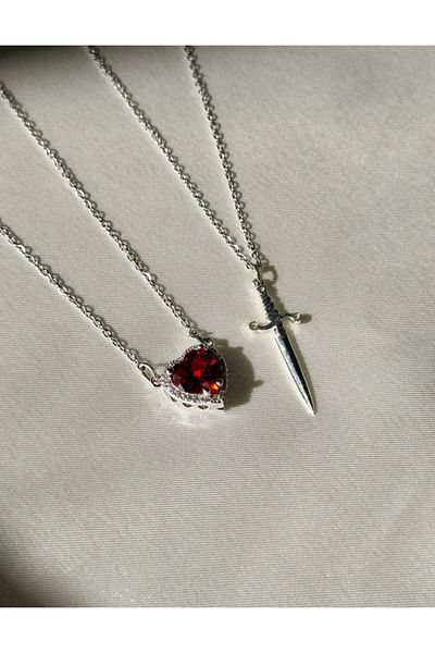 Beyaz Panda Butik Steel Chain Heart Sword Necklace Couple Friend Lover Necklace