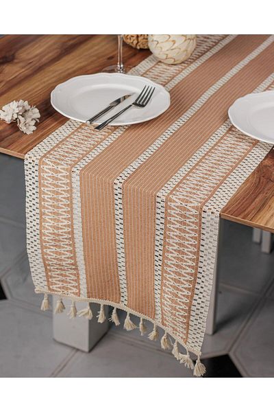 Zethome Runner Bumbac Dantela Bej Runner cu ciucuri, prezentare Husa Dantela Bej 35x155 Cm