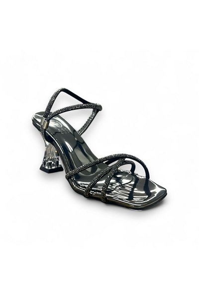 Firibu Women's Silver Transparent Heeled Stone Evening Dress Low Heeled Evening Dress Shoes