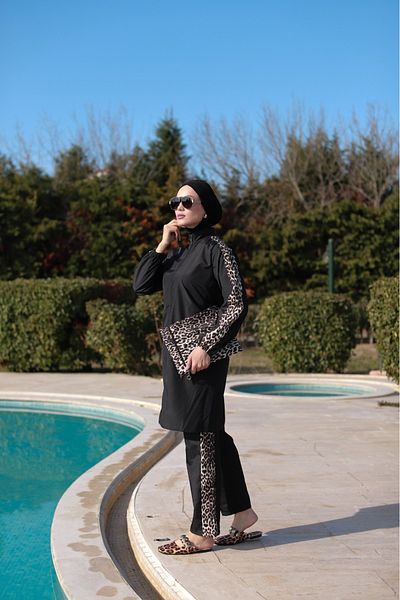dilber fashion Leopard Pattern Hijab Swimsuit with Bone and Bag Gift, Elastic Waist and Zipper