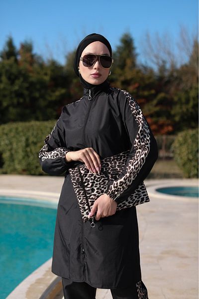 dilber fashion Leopard Pattern Hijab Swimsuit with Bone and Bag Gift, Elastic Waist and Zipper
