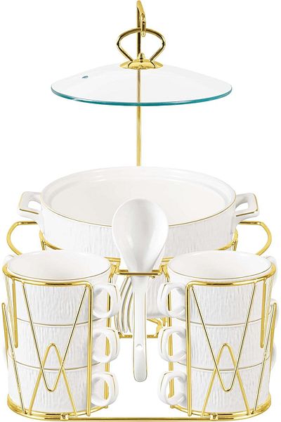 ORCHID 16Pcs Soup Set with Stand, Ceramic Soup Bowls with Spoons & Tealight Candle Stand