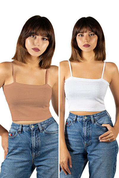 BUCADO Pachet de 2 maiouri crop crop cu nervuri, cu bretele din frânghie de n...