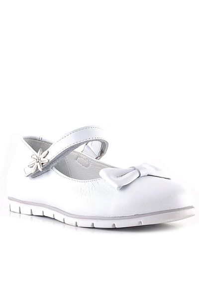 Rakerplus Balerina pentru fete din piele naturală, albă, cu velcro, cu detaliu de flori
