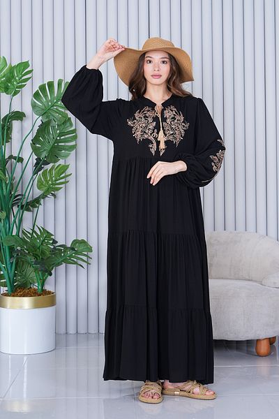 AYASOFYA OTANTIK Women's Black Lurex Ethnic Authentic Embroidery Detailed Long Sleeve Long Dress