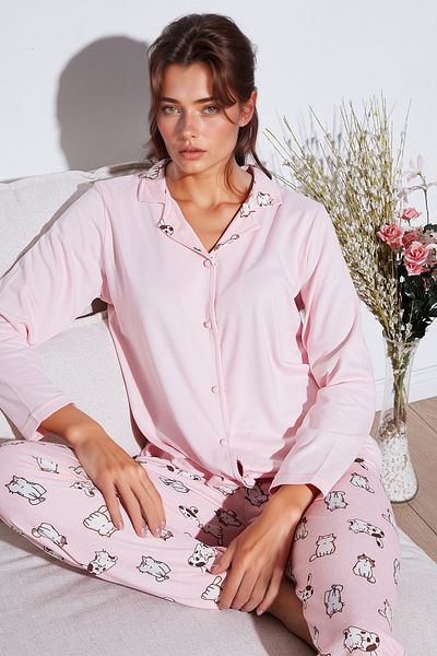Lela Apash Collar and Print Regular Fit Wide Leg Pajamas Set - Elastic Waist 65714300
