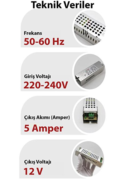 YTE Şemalı 12V 5 Amper Ultra Slim Fansız Şerit Led Trafosu/Driver