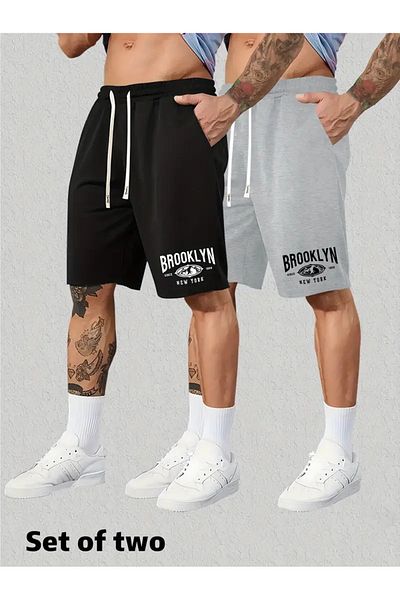 DAXİS Sportwear Company ΑΝΔΡΙΚΟ Σορτς με στάμπα 2 συσκευασιών - Μαύρο γκρι σορτς χαλαρή εφαρμογή