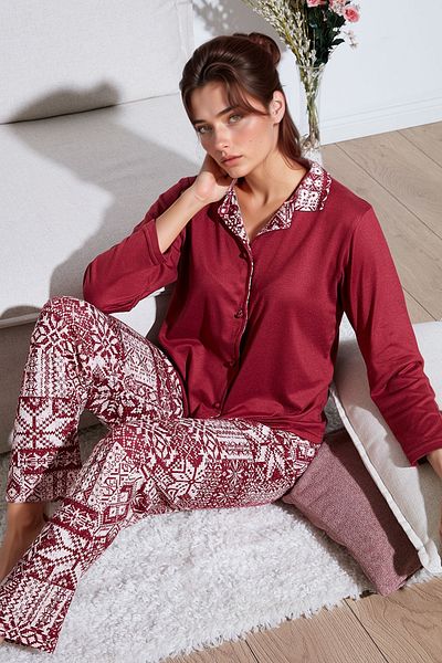 Lela Apash Collar and Print Regular Fit Wide Leg Pajamas Set - Elastic Waist 65714300