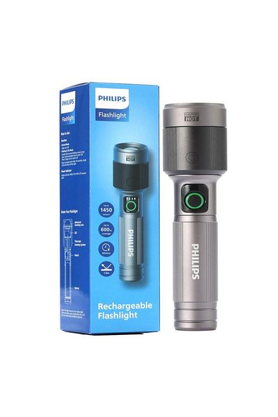 Philips 1450 Lumens Aircraft Aluminium Long Range Zoom LED Rechargeable Flashlight 16.2 x 2.9 x 4.2 cm
