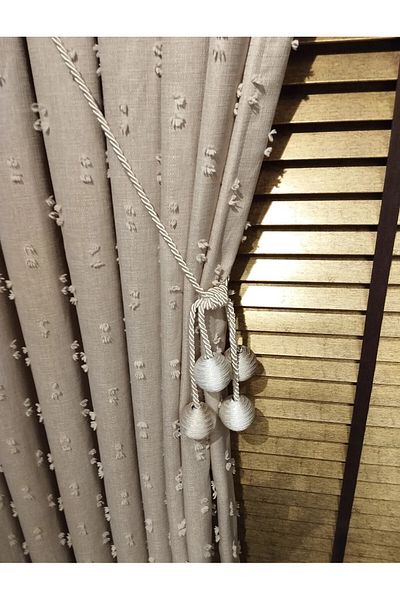 AlbiÜrün Beige Colored Linen Pompom Background Curtain