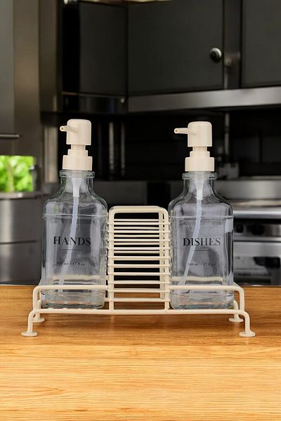 homsel Set of 2 Glass Liquid Soap Dispensers with Metal Stand - Stylish Design for Kitchen & Bathroom