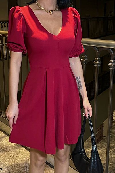barış sülün lovebox Rochie de seară mini rochie de damă, elastică, cu decolteu în V, cu mâneci prințesă, burgundă 581673