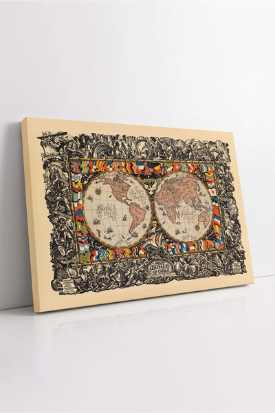 KOSS Dijital Hartă a lumii cu aspect vintage, cu steaguri ale țărilor și figuri istorice, pictură decorativă orizontală pe pânză