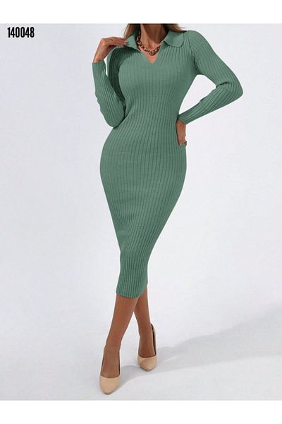 Kokosh moda Νέα σεζόν Γυναικείο μακρυμάνικο μίντι πλεκτό φόρεμα με λαιμόκοψη V