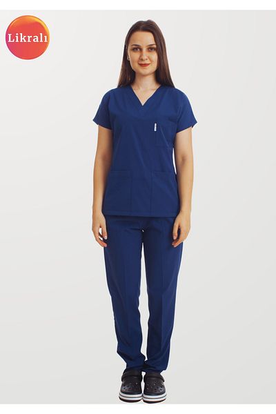 Simirna Üniforma Petrol Blue Premium Fabric Lycra Surgical Doctor Nurse Jersey Scrubs Suit