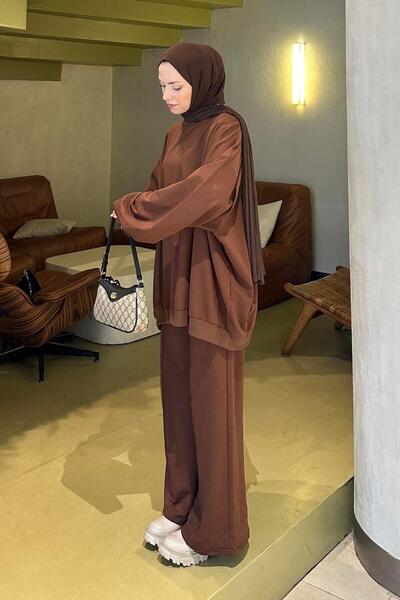 lamelif Bitter Brown Double Hijab Set - Hoodie and Trousers