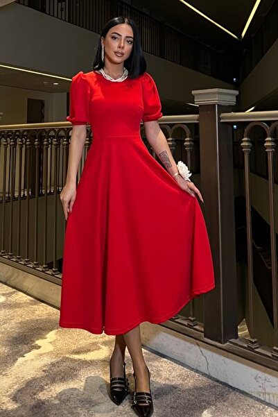 bayansepeti Kırmızı Krep Kumaş Bisiklet Yaka Prenses Kol Tasarım Kırmızı Midi Elbise 583151
