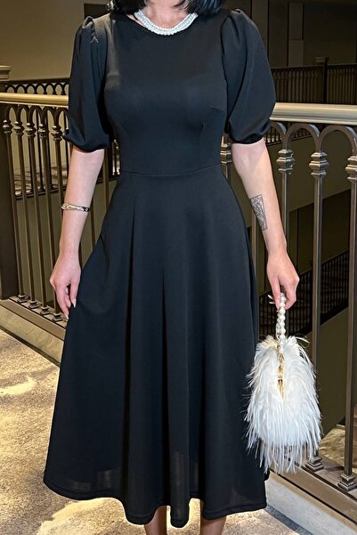 barış sülün lovebox Kadın Krep Kumaş Bisiklet Yaka Prenses Kol Detay Siyah Midi Abiye Elbise 583151