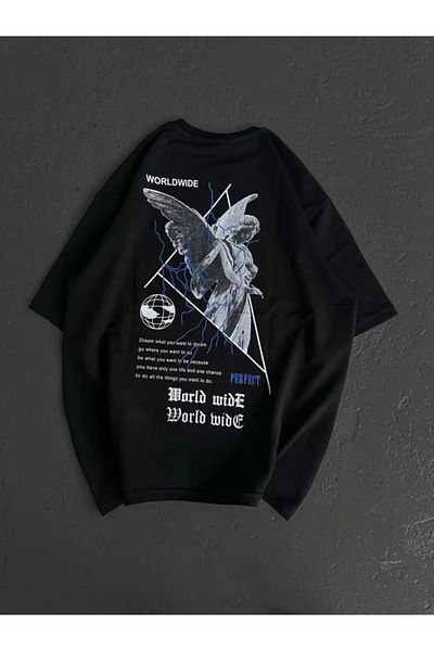New Shine Μπλουζάκι Unisex Crew Neck Printed Oversize - Μαύρο