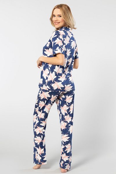 TÜREN Viscose Fabric, Front Button, Short Sleeve, Shirt Collar, Women's Pajama Set Navy
