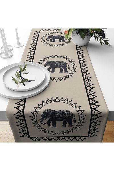 PRINTOPIA Cream Mandala Black Elephants Patterned Stain Resistant Washable Table Cloth Runner