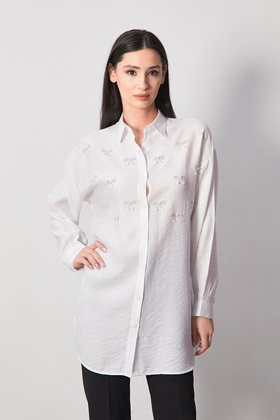 Fulla Moda Cămașă oversize Seersucker brodata cu fundă