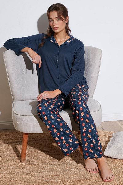 Lela Apash Collar and Print Regular Fit Wide Leg Pajamas Set - Elastic Waist 65714300