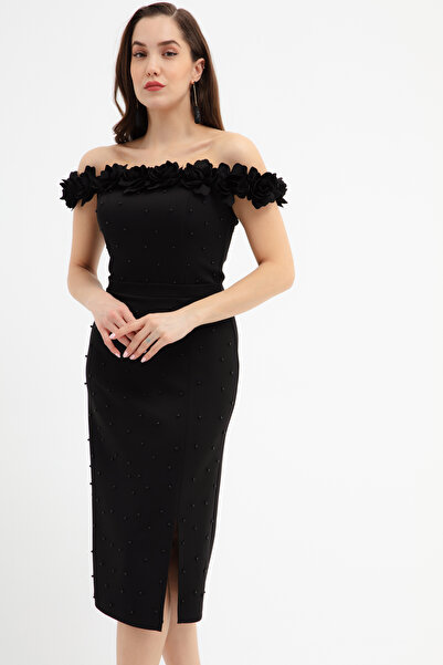 Lafaba Kadın Siyah Yakası Çiçekli İncili Söz Nişan Nikah Abiye Elbise