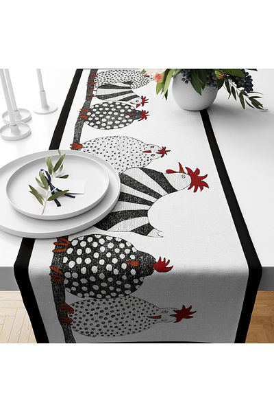 PRINTOPIA Black and White Chickens Pattern Stain Resistant Washable Table Cloth Runner