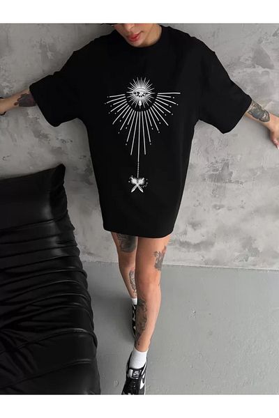 New Shine Μπλουζάκι Unisex Crew Neck Printed Oversize - Μαύρο