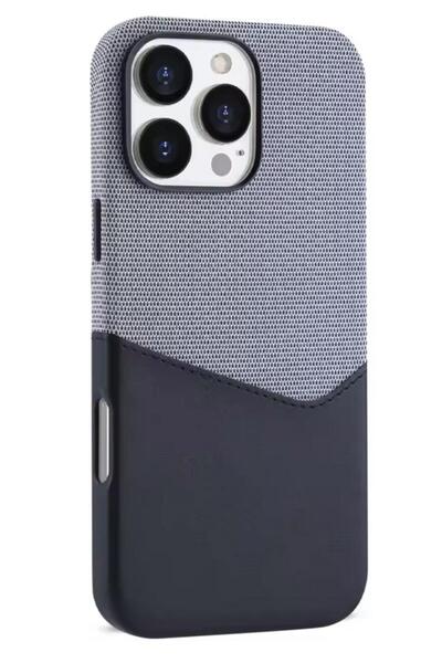 Caseji iPhone 15 Pro Max Uyumlu Kumaş ve Deri Kaplamalı Kartlıklı Metal Kamer...
