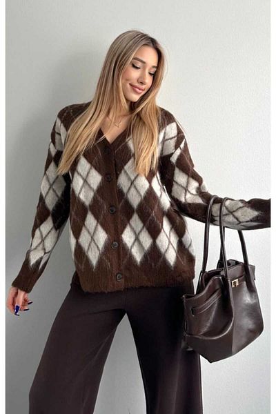 yeditepe fashion Women's V-Neck Raised Patterned Knitwear Cardigan