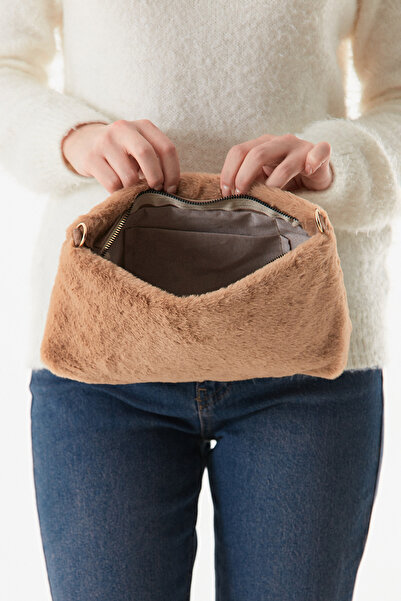 Fulla Moda Plush Clutch Bag with Feather Chain