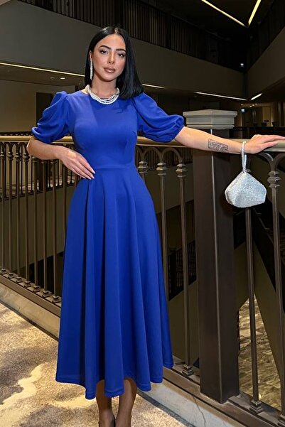 bayansepeti Saks Blue Crepe Fabric Crew Neck Princess Sleeve Design Κόκκινο Midi Φόρεμα 583151