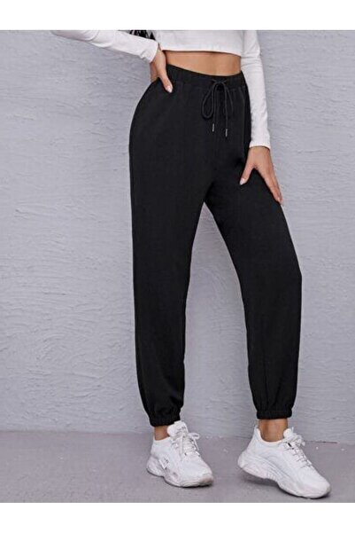 THE WHITE Γυναικείο μαύρο λαστιχένιο παντελόνι επένδυση fleece Jogger