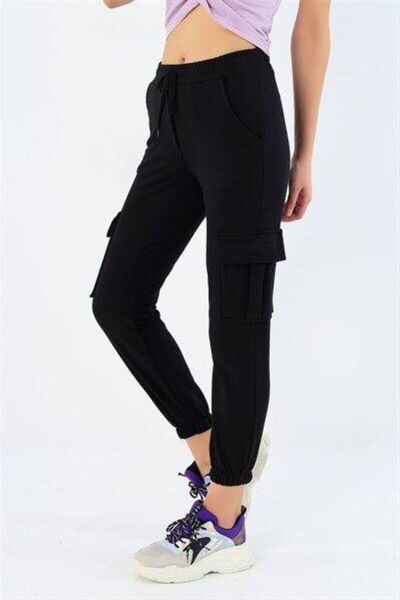 THE WHITE Γυναικείο πλαϊνή τσέπη ελαστικό παντελόνι μαύρο επένδυση fleece αθλ...