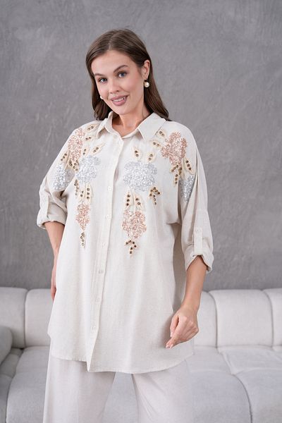 MVStore Women's Patterned Embroidery Embroidered Sequin Detailed Linen Oversize Shirt