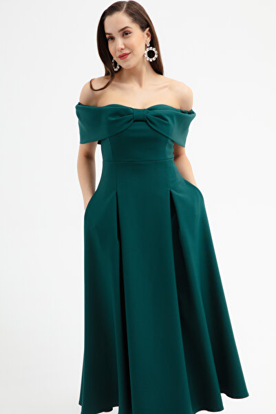Lafaba Women's Emerald Green Bow Detail Strapless Flared Dress