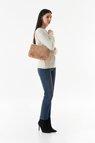 Fulla Moda Plush Clutch Bag with Feather Chain