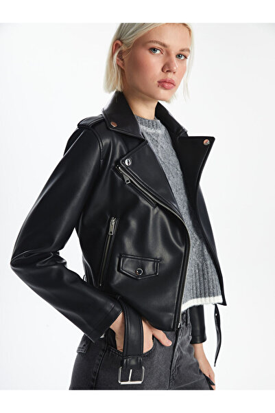 LC Waikiki Черно дамско яке с кожена визия и мотоциклетна яка