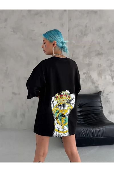 New Shine Μπλουζάκι Unisex Crew Neck Printed Oversize - Μαύρο