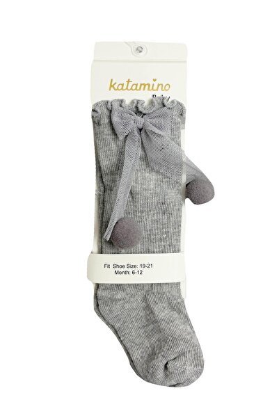 Katamino Ponponlu Tüllü Dizaltı Bebek Çorap Gri