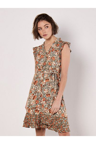 Apricot Geblümtes Minikleid Mit Rüschen