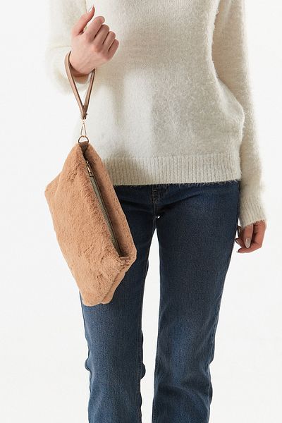 Fulla Moda Plush Clutch Bag with Feather Chain