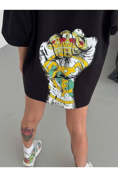 New Shine Μπλουζάκι Unisex Crew Neck Printed Oversize - Μαύρο