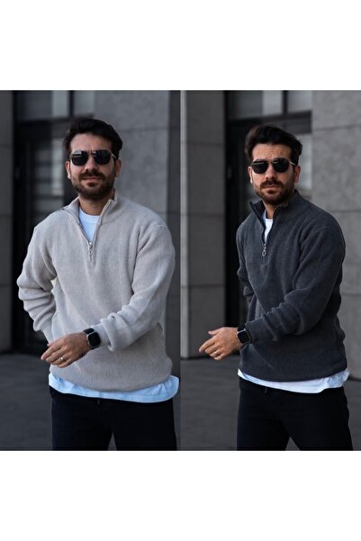 mayastyle Men's 2-Pack Half Zip Beige Gray Knitwear Sweater