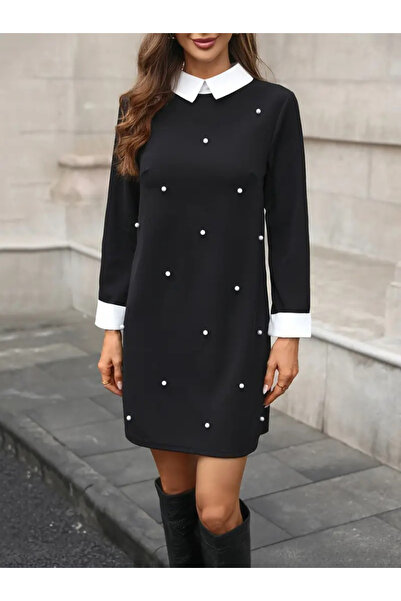 JANES Γυναικείο μακρυμάνικο γιακά με πέρλες εισαγόμενο κρεπ φόρεμα