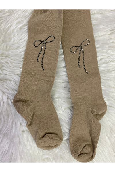 skycott Female Child Shiny Stone Bow Detail Solid Color Cotton Pantyhose