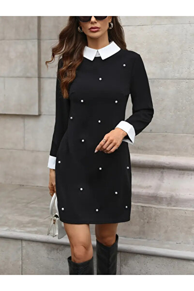 JANES Γυναικείο μακρυμάνικο γιακά με πέρλες εισαγόμενο κρεπ φόρεμα